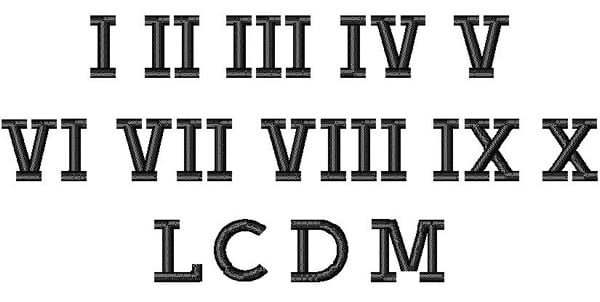 Styles Embroidery Font: Roman Numerals from Bella Mia Designs