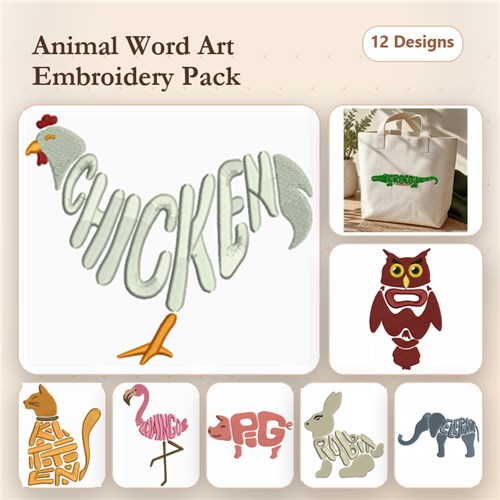 Animal Word Art Embroidery Bundle – Chicken, Cat, Dog, Flamingo