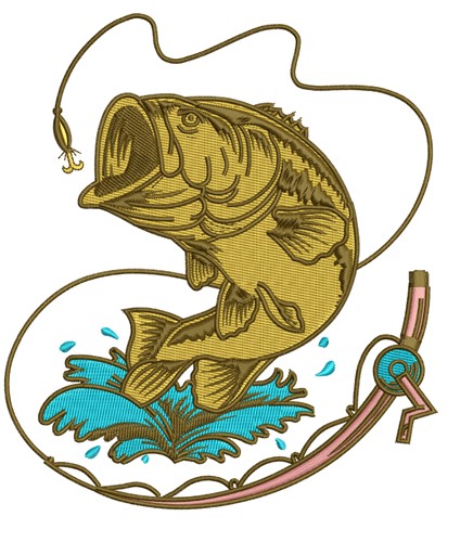 Fishing pole sketch fill with fish machine embroidery design file